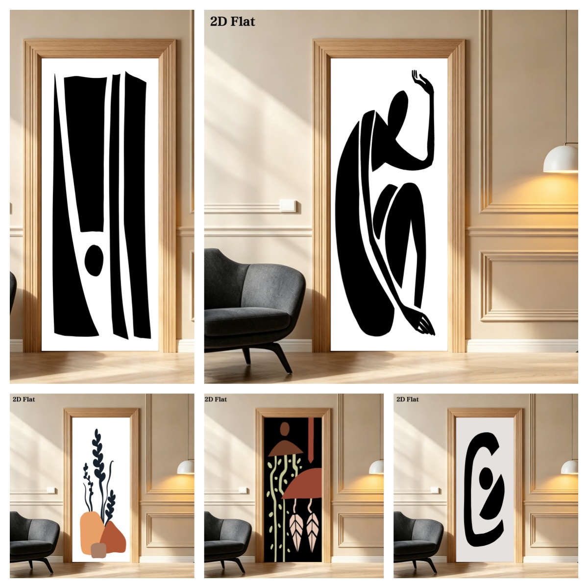 Full Cover Adhesive - Siyah Silüet Desenli Bohem Kapı Stickerı,
